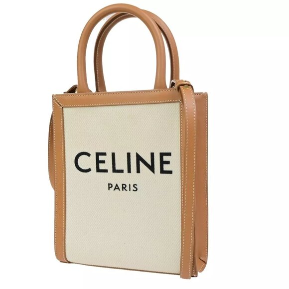 CELINE Logo Vertical Cabas 2Way Mini Hand Tote Bag Canvas Leather Brown 667RK836 - Picture 1 of 13